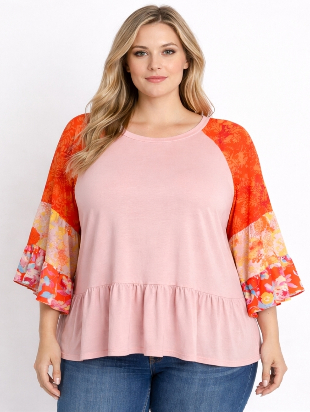 The Pioneer Woman Floral Bell Sleeve Peplum Top Pink Orange Boho XXXL